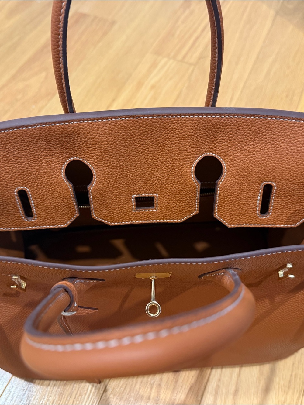 Cognac Brown Genuine Leather Structured Top Handle Tote Bag - Picture 7 of 13